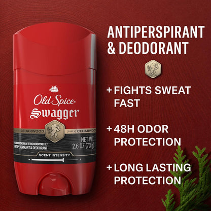 Old Spice Antiperspirant Deodorant for Men, 24/7 Sweat & Odor Protection, 24/7 Lasting Freshness, Invisible Solid, Swagger with Cedarwood Scent, 2.6 oz (Pack of 2)