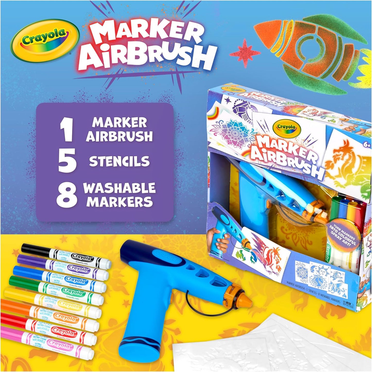 Crayola Marker Airbrush Spray Art Kit, 8 Washable Markers, 5 Stencils | Arts & Crafts Toys for Kids, Birthday, Holiday Gifts for Girls & Boys 6+, Battery-Powered Sprayer Kids Activities