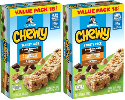 Quaker Chewy Granola Bars, Variety Pack, 18 Count (Pack of 2)