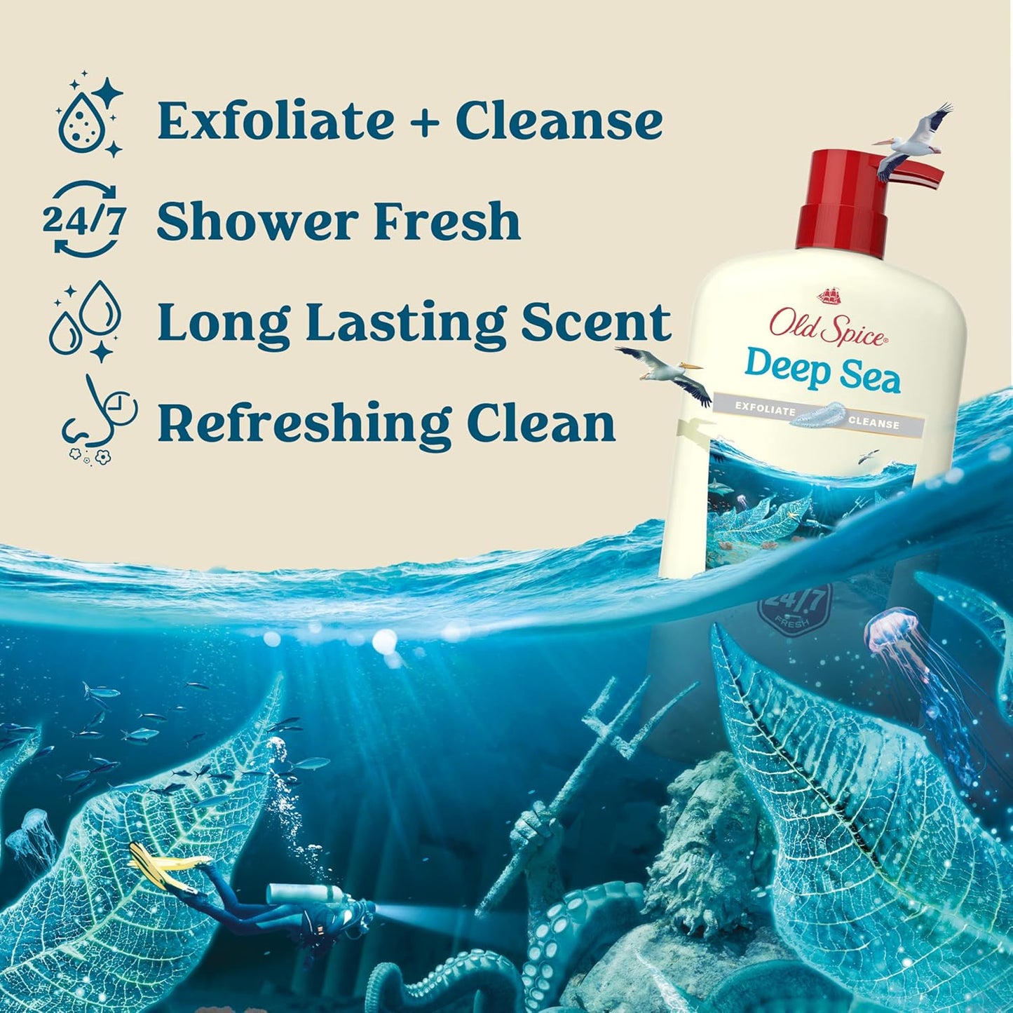 Old Spice Cleansing Body Wash for Men, 24/7 Shower Fresh with Lasting Scent, Exfoliate & Cleanse, Gentle on Skin, Vitamin B3, Deep Sea with Ocean Waves + Kelp Scent, 30 oz (Pack of 4)