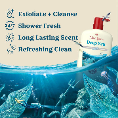 Old Spice Cleansing Body Wash for Men, 24/7 Shower Fresh with Lasting Scent, Exfoliate & Cleanse, Gentle on Skin, Vitamin B3, Deep Sea with Ocean Waves + Kelp Scent, 30 oz (Pack of 4)