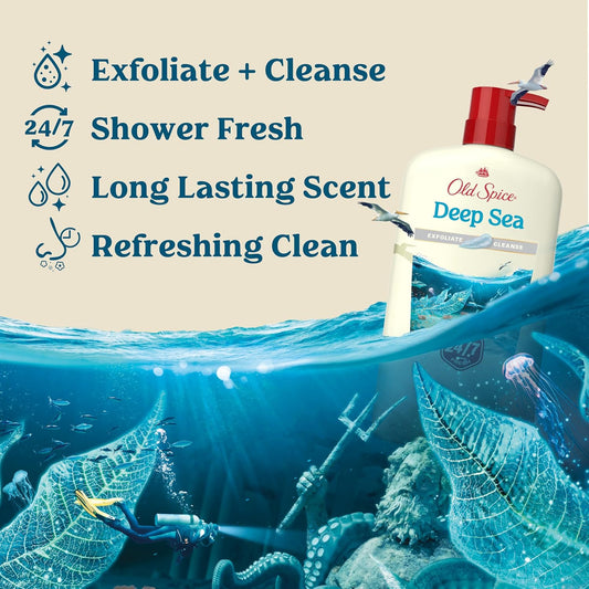 Old Spice Cleansing Body Wash for Men, 24/7 Shower Fresh with Lasting Scent, Exfoliate & Cleanse, Gentle on Skin, Vitamin B3, Deep Sea with Ocean Waves + Kelp Scent, 30 oz (Pack of 4)
