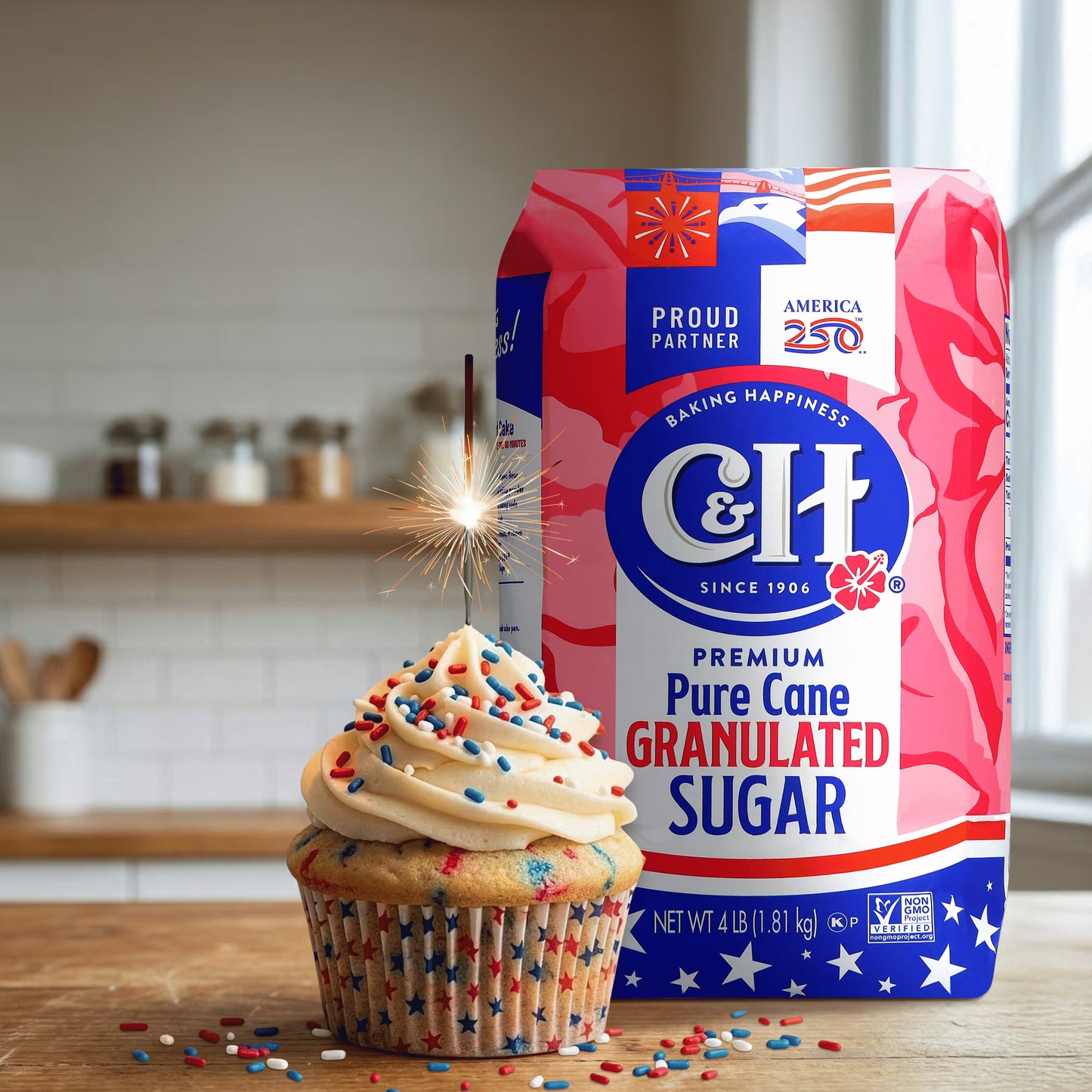 C&H Pure Cane Sugar, 4 lb Bag, Summer Baking, July 4th Desserts, Limited Edition