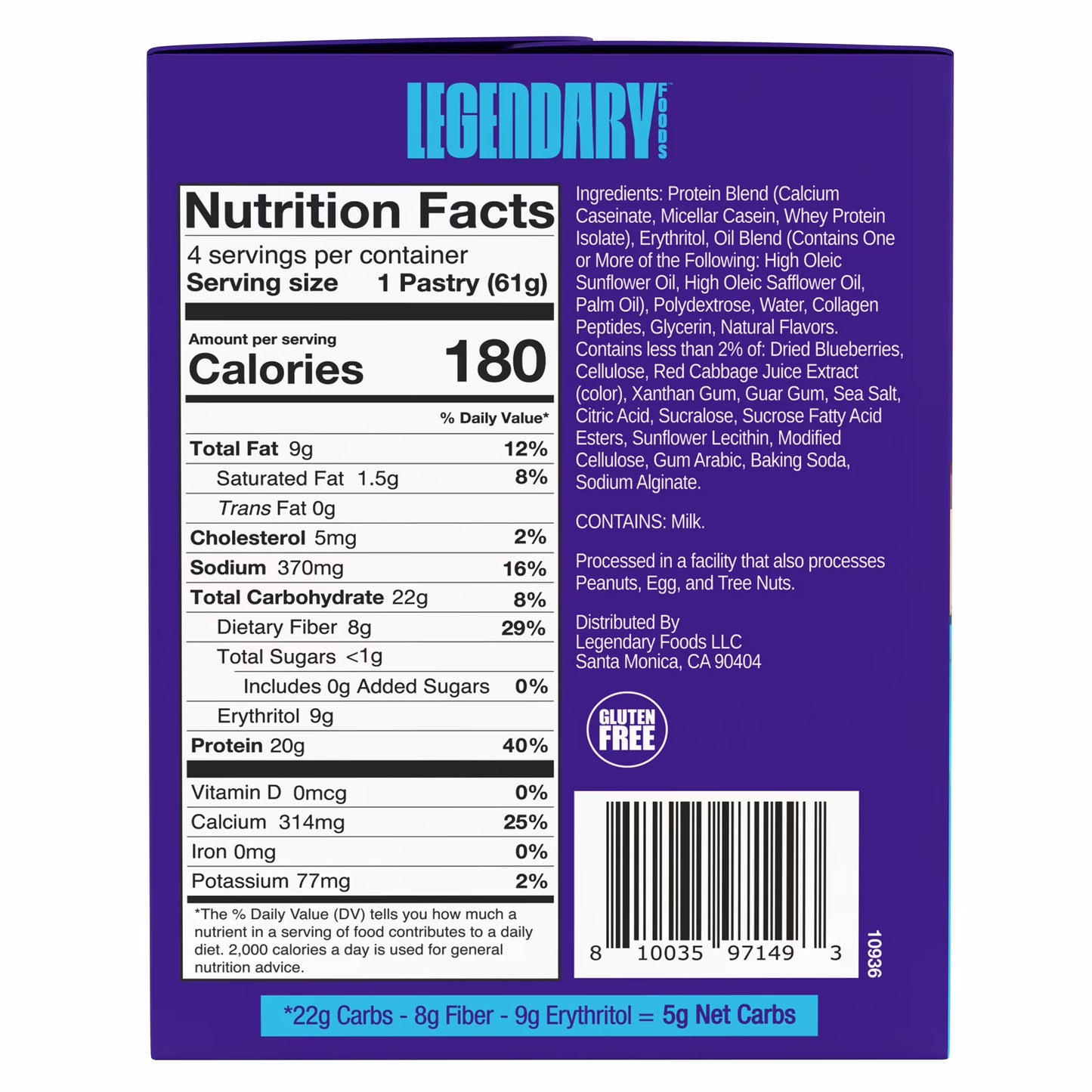 Legendary Foods Blueberry Protein Pastry, 20g Protein, 4 Pack, Keto Friendly, Gluten Free