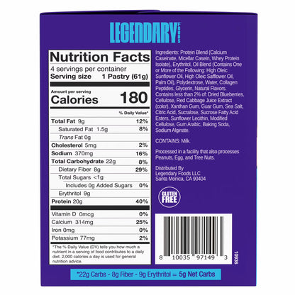Legendary Foods Blueberry Protein Pastry, 20g Protein, 4 Pack, Keto Friendly, Gluten Free