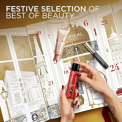 L'Oreal Paris 24 Day Beauty Advent Calendar 2025, Holiday Gift Set Includes Deluxe-Sized and Miniature Makeup, Skincare and Haircare Products