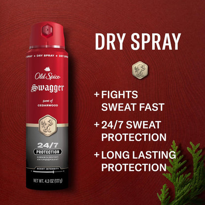 Old Spice Dry Spray Antiperspirant Deodorant for Men, 24/7 Sweat & Odor Protection Spray, Long Lasting Dry Spray, No Residue, Fresh Swagger with Cedarwood Scent, 4.3 oz Cans, (Pack of 2)
