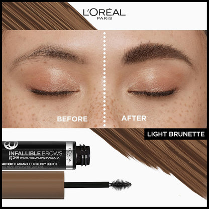 L'Oreal Paris Infallible Volumizing 24H Wear Brow Mascara, Long Lasting Eyebrow Makeup for 2X Fuller Eyebrows, 6.0 Light Brunette, 0.13 Fl Oz