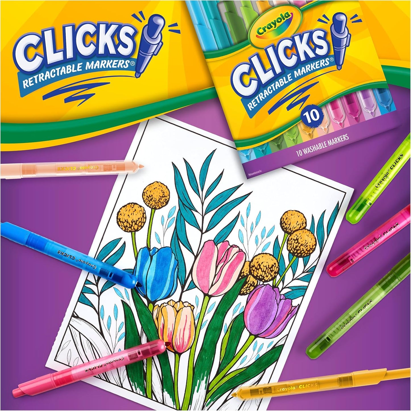 Crayola Clicks Retractable Markers Bold (10ct), Teacher Classroom School Supplies, Spring Crafts, No Dry Washable Markers for Kids | Classroom Supplies, No Dry Washable Markers for Kids