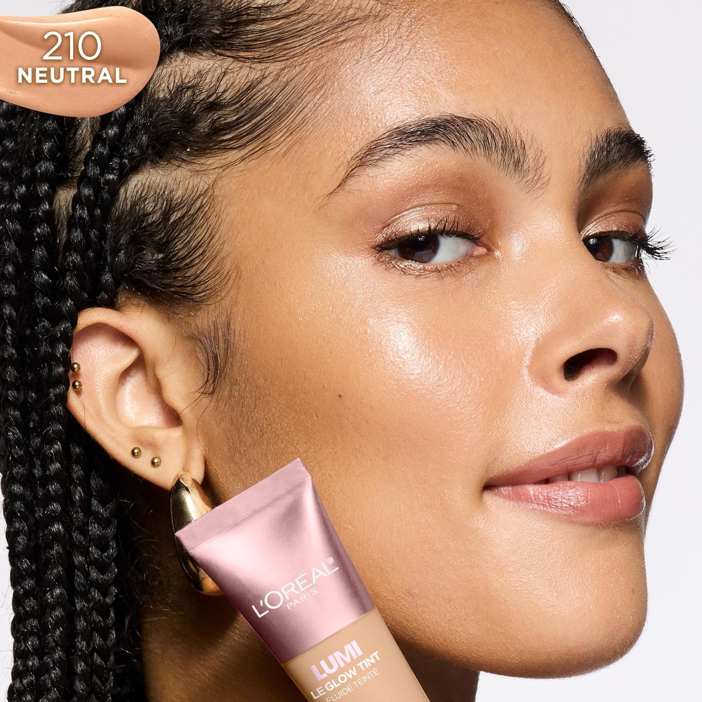 L'Oreal Paris Lumi Le Glow Skin Tint, Lightweight Water-Based Tinted Serum with Foundation-Like Coverage, Glow Illuminator, Neutral 210, 0.85 Fl Oz