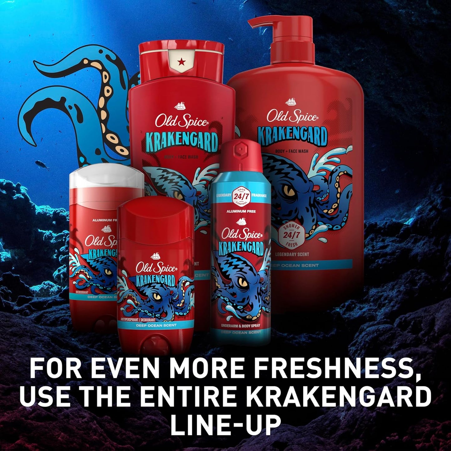 Old Spice Cleansing Body Wash for Men, 3X Defense, 24/7 Shower Fresh with Lasting Scent, 2-in-1 Body & Face Wash, Krakengard with Deep Ocean Scent, 33.4 (Pack of 4)