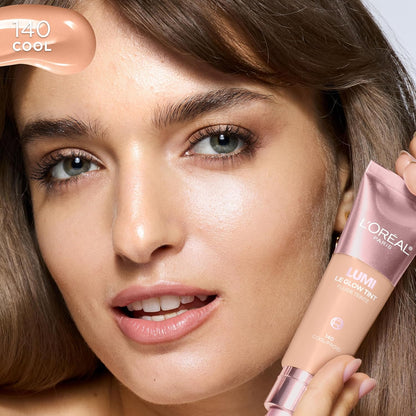 L'Oreal Paris Lumi Le Glow Skin Tint, Lightweight Water-Based Tinted Serum with Foundation-Like Coverage, Glow Illuminator, Cool 140, 0.85 Fl Oz