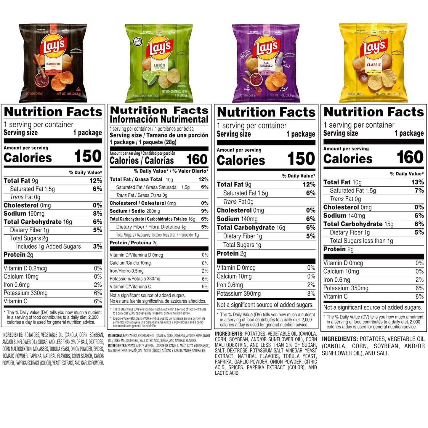 Lay's Potato Chips, Classic Chips Variety Pack, 1 Ounce (Pack of 40) | Barbecue, Classic, Limon, and All Dressed flavored Potato Chip Snacks
