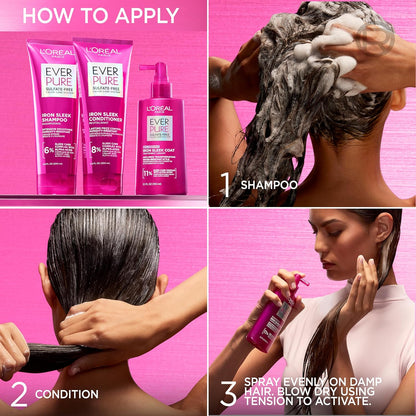 L'Oreal Paris Sulfate Free Iron Sleek Smoothing Shampoo and Conditioner Set, Frizz Control and Humidity-Resistant Formula with Alpha-Acids, Suitable for Color-Treated Hair, EverPure, 13.6 Fl Oz Set