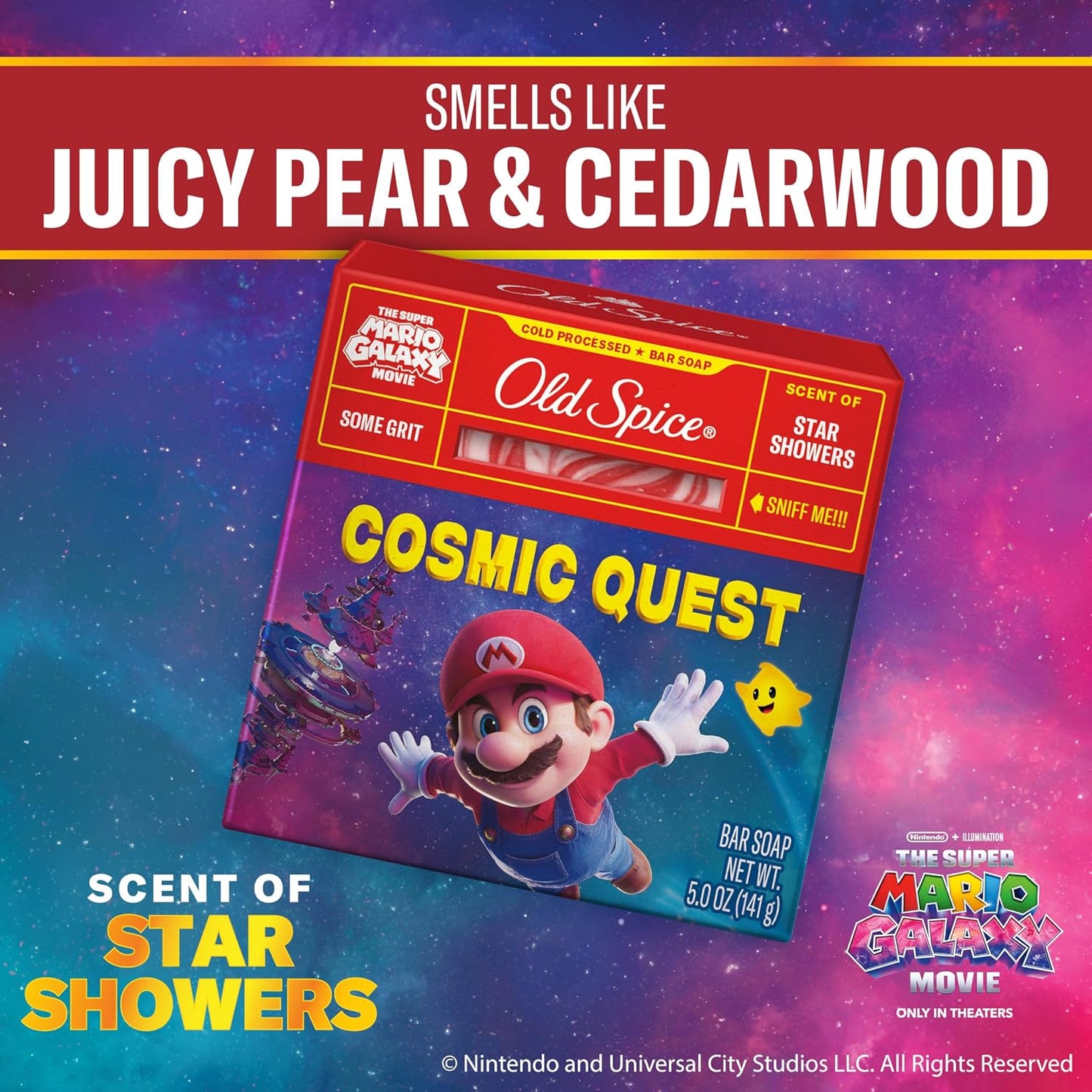 Old Spice Bar Soap for Men, x The Super Mario Galaxy Movie, Cold Pressed with Grit, Made with Natural Oils & Plant Based Cleanser, Star Showers with Juicy Pear & Cedarwood Scent, 5.0 oz