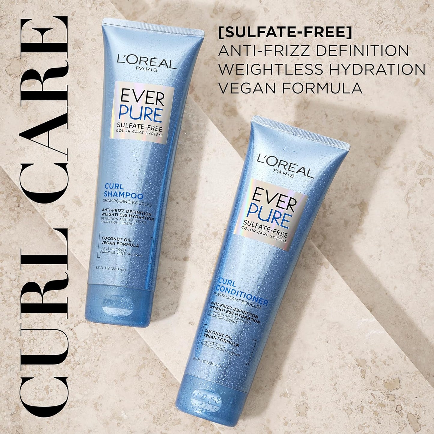 L'Oreal Paris Sulfate Free Shampoo and Conditioner for Curly Hair, Lightweight, Anti-Frizz Hair Care with Coconut Oil, EverPure, 8.5 Fl Oz, Set of 2 (Packaging May Vary)