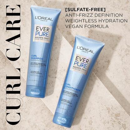 L'Oreal Paris Sulfate Free Shampoo and Conditioner for Curly Hair, Lightweight, Anti-Frizz Hair Care with Coconut Oil, EverPure, 8.5 Fl Oz, Set of 2 (Packaging May Vary)