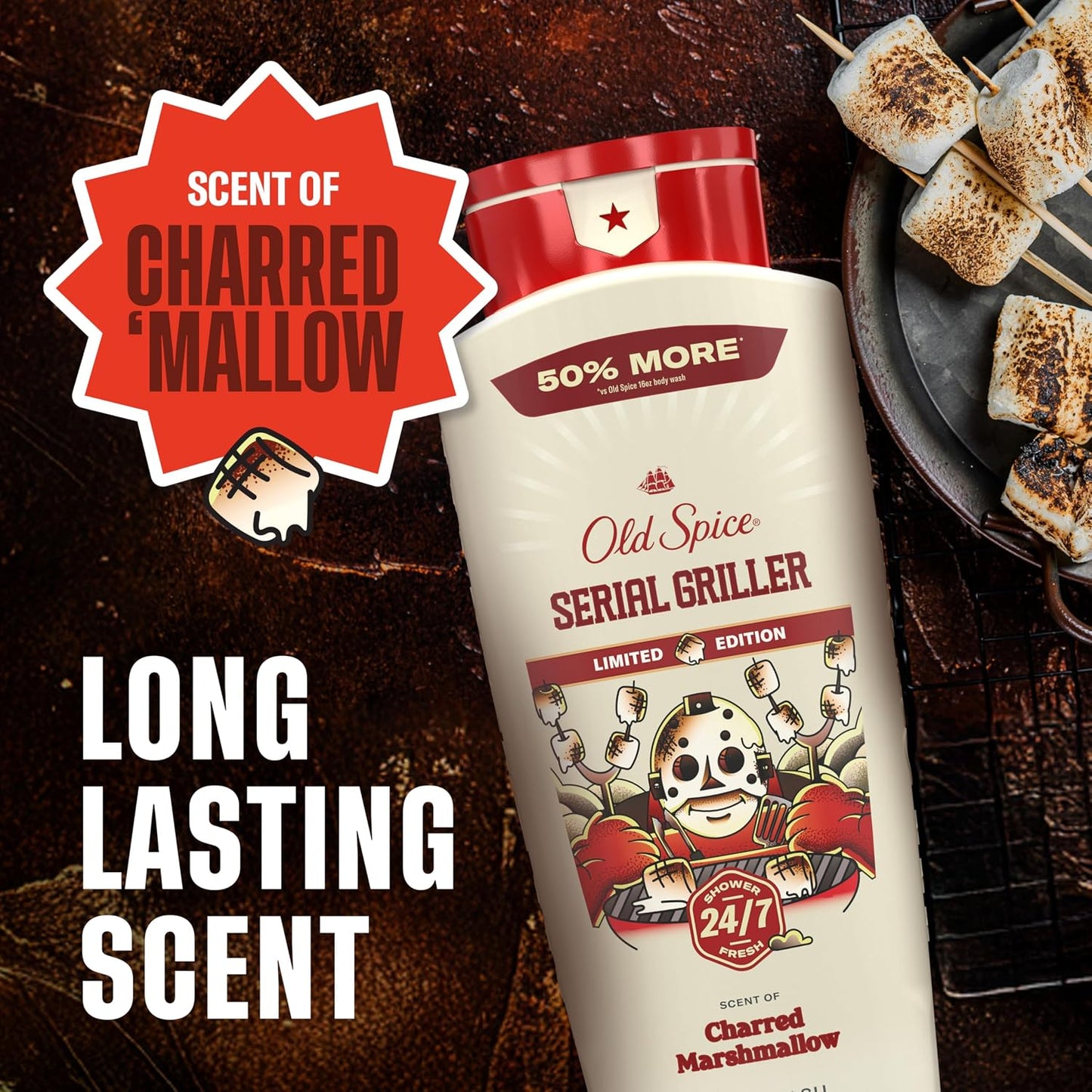 Old Spice Body Wash for Men, Summerdudes, 24/7 Shower Fresh with Daily Use, Long Lasting Scent, Cleanse & Refresh Skin, VIP Festival Experience, Serial Griller with Charred Marshmallow Scent, 24 oz