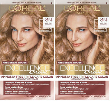 L’Oreal Paris Excellence Universal Nudes Permanent Hair Color, Ammonia Free Hair Dye for Gray Hair Coverage, 8N Natural Blonde, 1 Hair Dye Kit (Pack of 2)