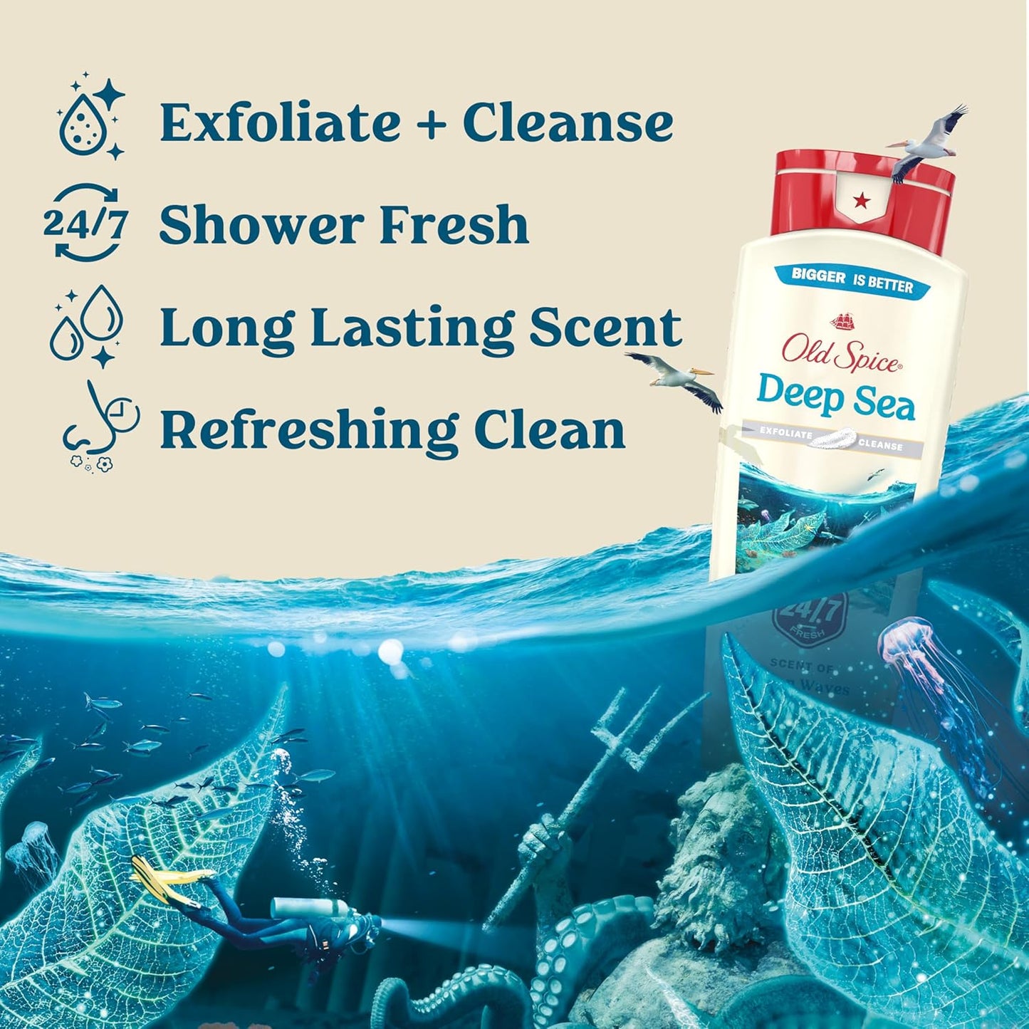 Old Spice Cleansing Body Wash for Men, 24/7 Shower Fresh with Lasting Scent, Exfoliate & Cleanse, Gentle on Skin, Vitamin B3, Deep Sea with Ocean Waves + Kelp Scent, 18 oz (Pack of 4)