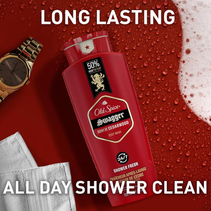 Old Spice Refreshing Body Wash for Men, 3X Defense, 24/7 Shower Fresh with Long Lasting Scent, Red Collection, Swagger with Cedarwood Scent, 24 oz (Pack of 6)