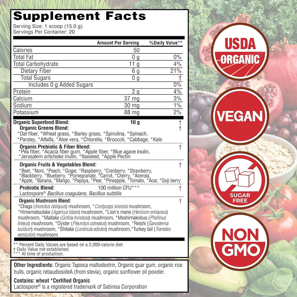 Country Farms Organic Super Greens Powder, Daily Greens Drink Mix with 50 Organic Superfoods, Fruits, Vegetables, Fiber, Mushrooms & Probiotics for Gut Health, Digestion & Energy, Berry Flavor