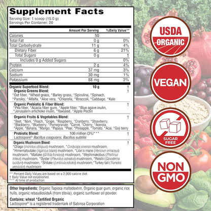 Country Farms Organic Super Greens Powder, Daily Greens Drink Mix with 50 Organic Superfoods, Fruits, Vegetables, Fiber, Mushrooms & Probiotics for Gut Health, Digestion & Energy, Berry Flavor
