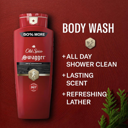 Old Spice Refreshing Body Wash for Men, 3X Defense, 24/7 Shower Fresh with Long Lasting Scent, Red Collection, Swagger with Cedarwood Scent, 24 oz (Pack of 2)