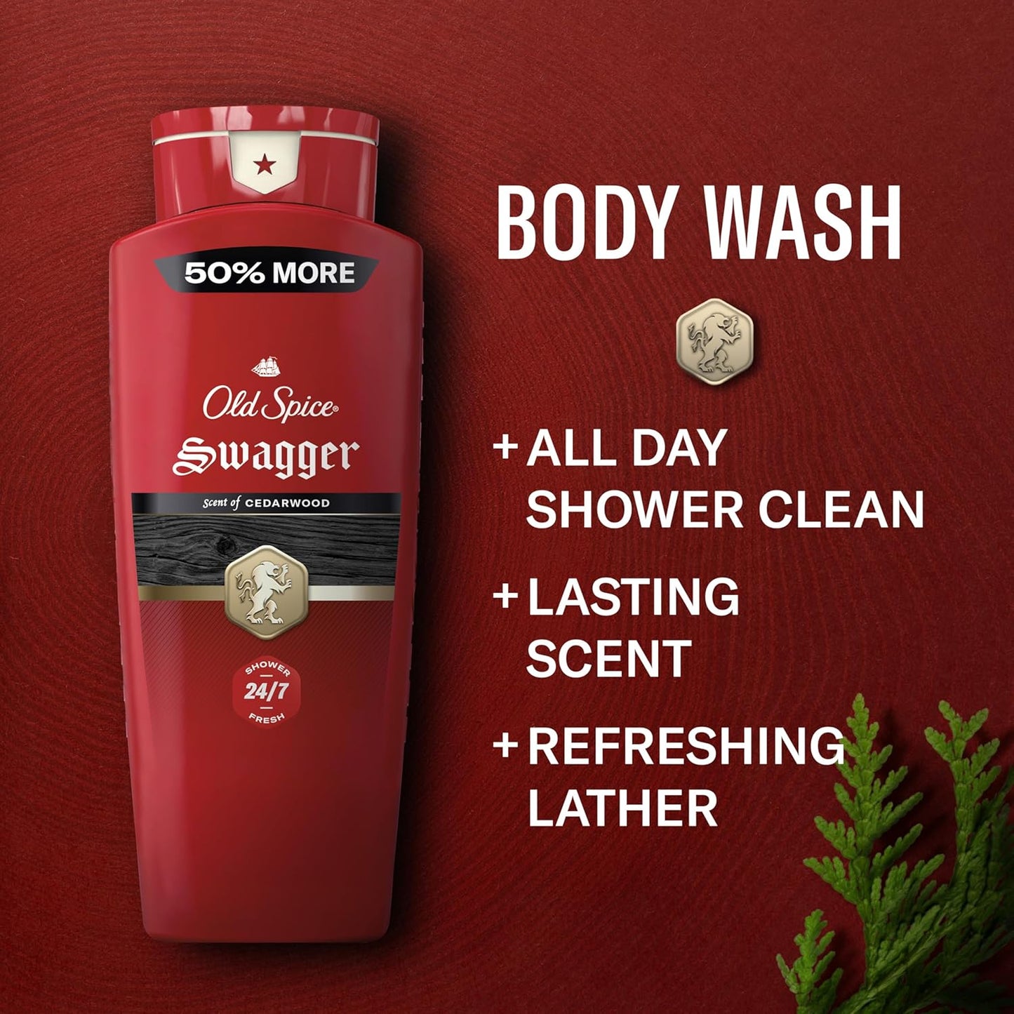 Old Spice Refreshing Body Wash for Men, 3X Defense, 24/7 Shower Fresh with Long Lasting Scent, Red Collection, Swagger with Cedarwood Scent, 16 oz (Pack of 4)