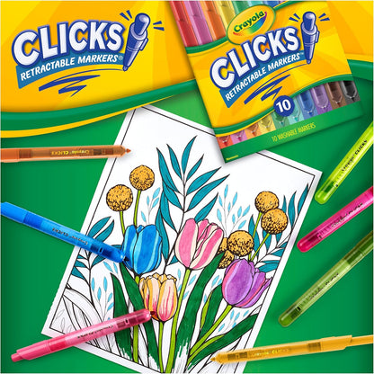 Crayola Clicks Retractable Tip Markers (10ct), Washable Cone Tip Art Marker Set, Cute Aesthetic School Supplies, Classroom Must Haves, Ages 3+