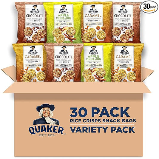 Quaker Rice Crisps, Gluten Free, 3 Flavor Sweet Variety Mix, 0.91oz Bags (Pack of 30)