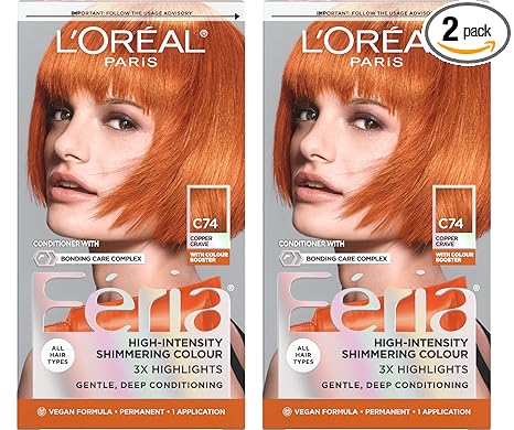 L'Oreal Paris Feria Multi-Faceted Shimmering Permanent Hair Color, C74 Intense Copper, Hair Dye Kit, Pack of 2