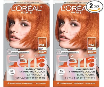 L'Oreal Paris Feria Multi-Faceted Shimmering Permanent Hair Color, C74 Intense Copper, Hair Dye Kit, Pack of 2