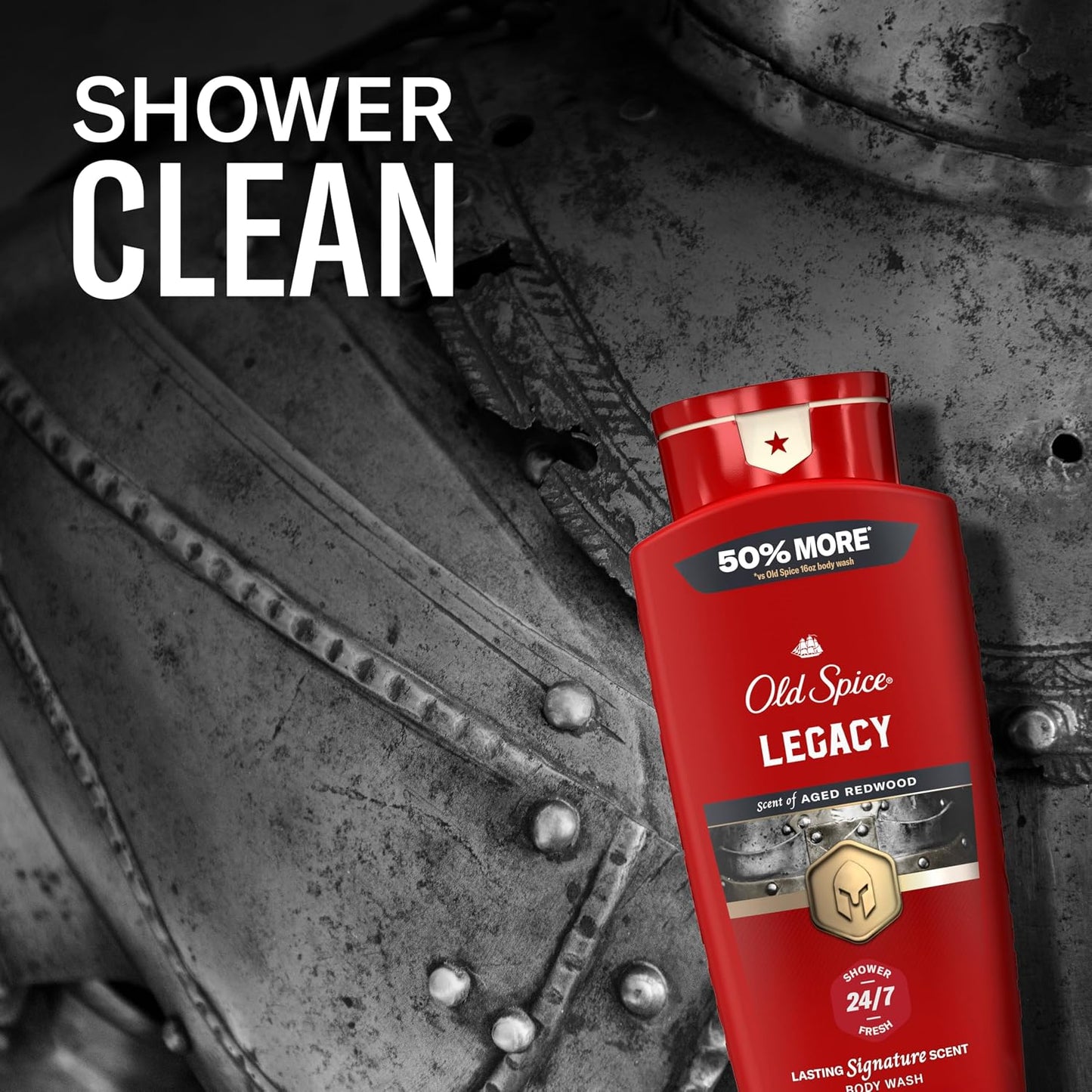 Old Spice Body Wash for Men, 24/7 Shower Fresh & Clean with Daily Use, Lasting Signature Scent, Refreshing Lather, Moisturizing Formula, Legacy with Coconut, Pine & Cedar Scent, 24 oz