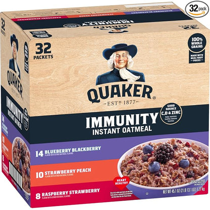 Quaker Immunity Instant Oatmeal, 3 Flavor Variety Pack, Good Source of Vitamins C, D, & Zinc, Whole Grains, No Artificial Flavors, No Colors from Artificial Sources, 1.41 oz Packets, (32 Pack)