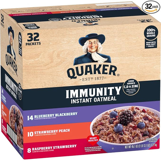 Quaker Immunity Instant Oatmeal, 3 Flavor Variety Pack, Good Source of Vitamins C, D, & Zinc, Whole Grains, No Artificial Flavors, No Colors from Artificial Sources, 1.41 oz Packets, (32 Pack)