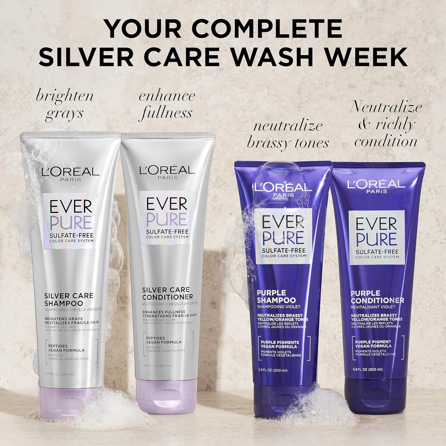 L'Oreal Paris EverPure Silver Care Sulfate Free Conditioner,Brightening and Nourishing Hair Care for Gray and Silver Hair,Vegan Formula with Peptides,8.5 Fl Oz,(Pack of 2)