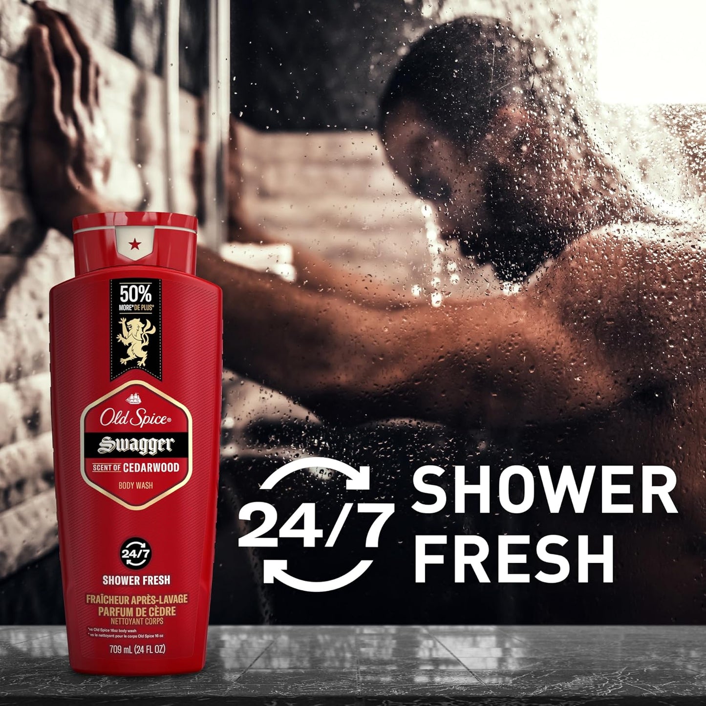 Old Spice Refreshing Body Wash for Men, 3X Defense, 24/7 Shower Fresh with Long Lasting Scent, Red Collection, Swagger with Cedarwood Scent, 24 oz (Pack of 6)