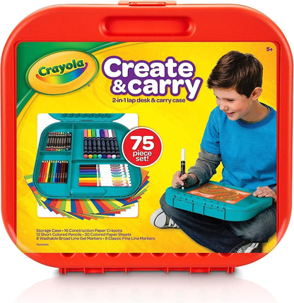 Crayola Create 'N Carry Travel Art Set for Kids (75pcs), 2-in-1 Lap Desk & Carrying Case, Essential Art Supplies Kit, Spring Crafting, Gift for Kids