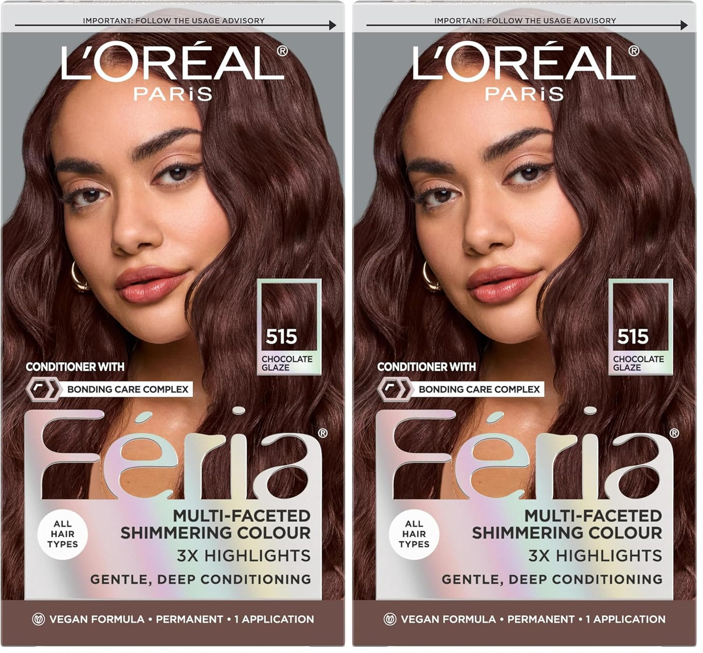L'Oreal Paris Feria Multi-Faceted Shimmering Permanent Hair Color, High Intensity Hair Dye for 3X Highlights, 515 Chocolate Glaze, 1 Kit (Pack of 2)