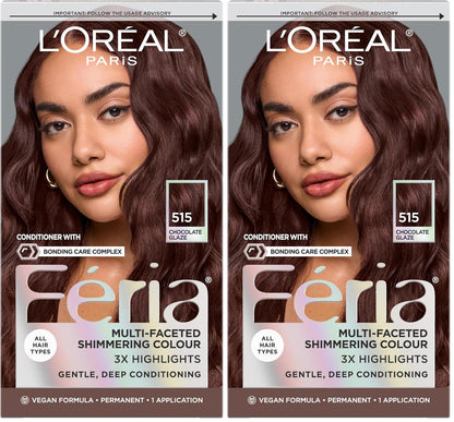 L'Oreal Paris Feria Multi-Faceted Shimmering Permanent Hair Color, High Intensity Hair Dye for 3X Highlights, 515 Chocolate Glaze, 1 Kit (Pack of 2)