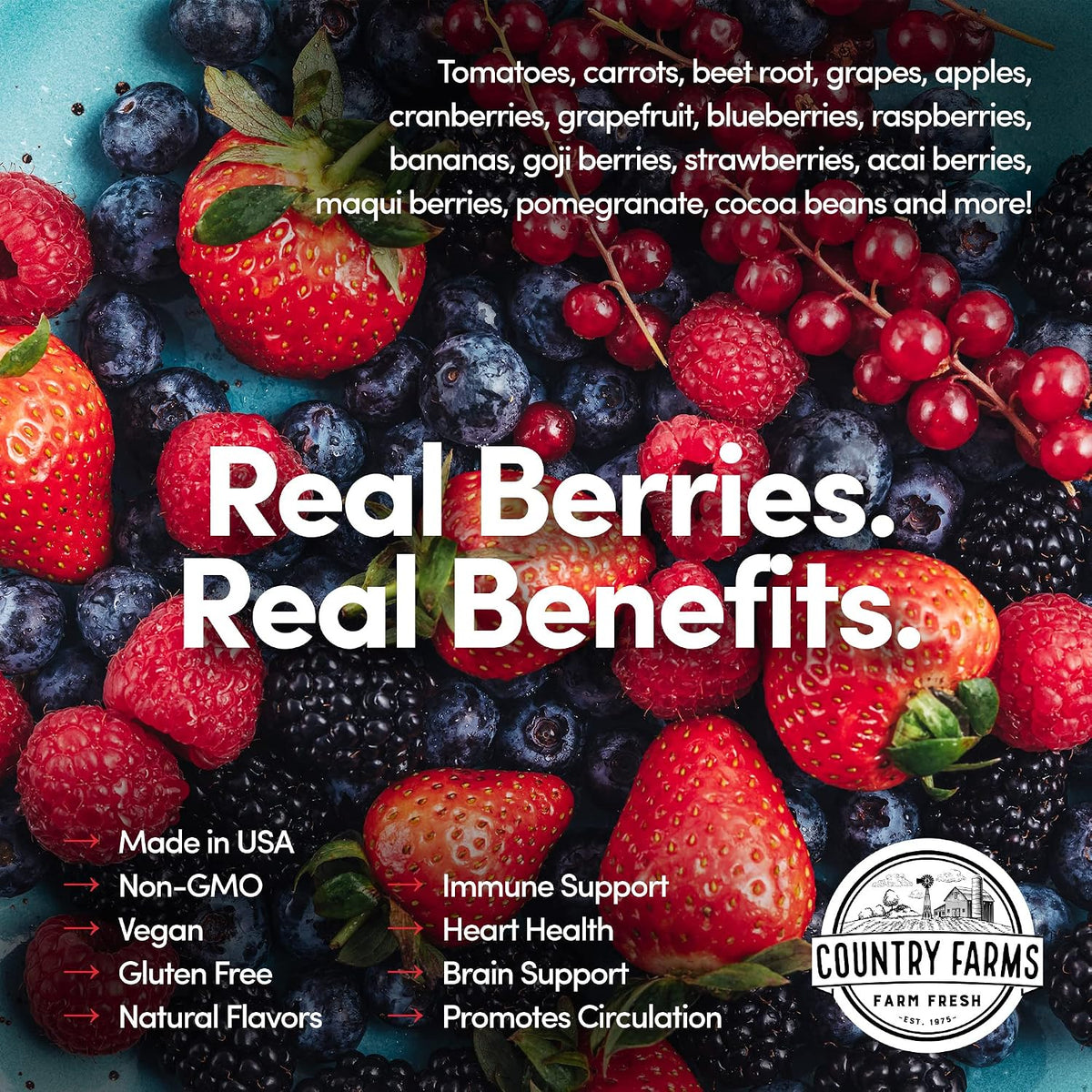 Country Farms Super Reds, Energizing Polyphenol Superfood, Over 40 Super Fruits and Berries, Powerful Antioxidants and Polyphenols, Supports Energy, Supports Circulation, 20 Servings, Mixed Berry