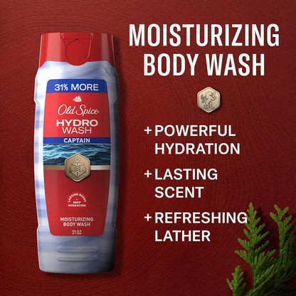Old Spice Moisturizing Body Wash for Men, Hydro Wash, 2-in-1 Long Lasting Scent & Deep Hydration, 24/7 Shower Fresh, Captain Scent with Ocean Mist & Bergamot, 21 oz (Pack of 4)