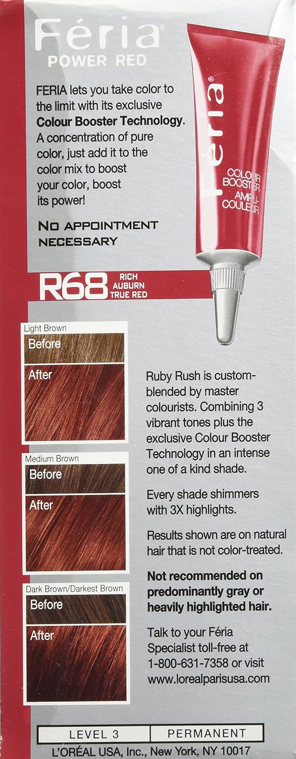 L'Oreal Paris Feria Multi-Faceted Shimmering Permanent Hair Color, R68 Ruby Rush (Rich Auburn True Red), Pack of 2, Hair Dye