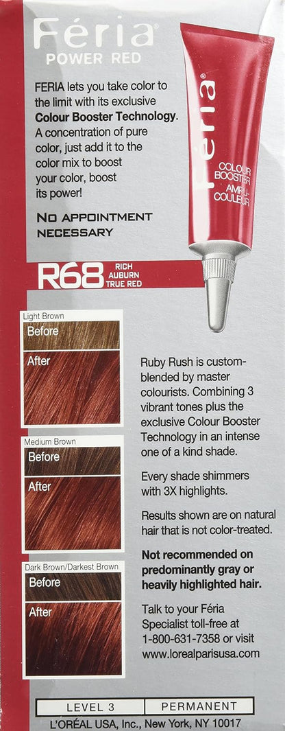L'Oreal Paris Feria Multi-Faceted Shimmering Permanent Hair Color, R68 Ruby Rush (Rich Auburn True Red), Pack of 2, Hair Dye