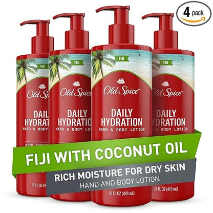 Old Spice Hand & Body Lotion for Men, Daily Hydration, 24/7 Hydration, 24/7 Replenishing Rich Moisture for Dry Skin, Lightweight Formula, Fiji with Coconut Oil Scent, 16 fl (Pack of 4)