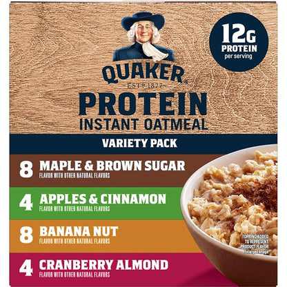 Quaker Instant Oatmeal, Protein 4 Flavor Variety Pack, 7g+, Individual Packets, 24 Count
