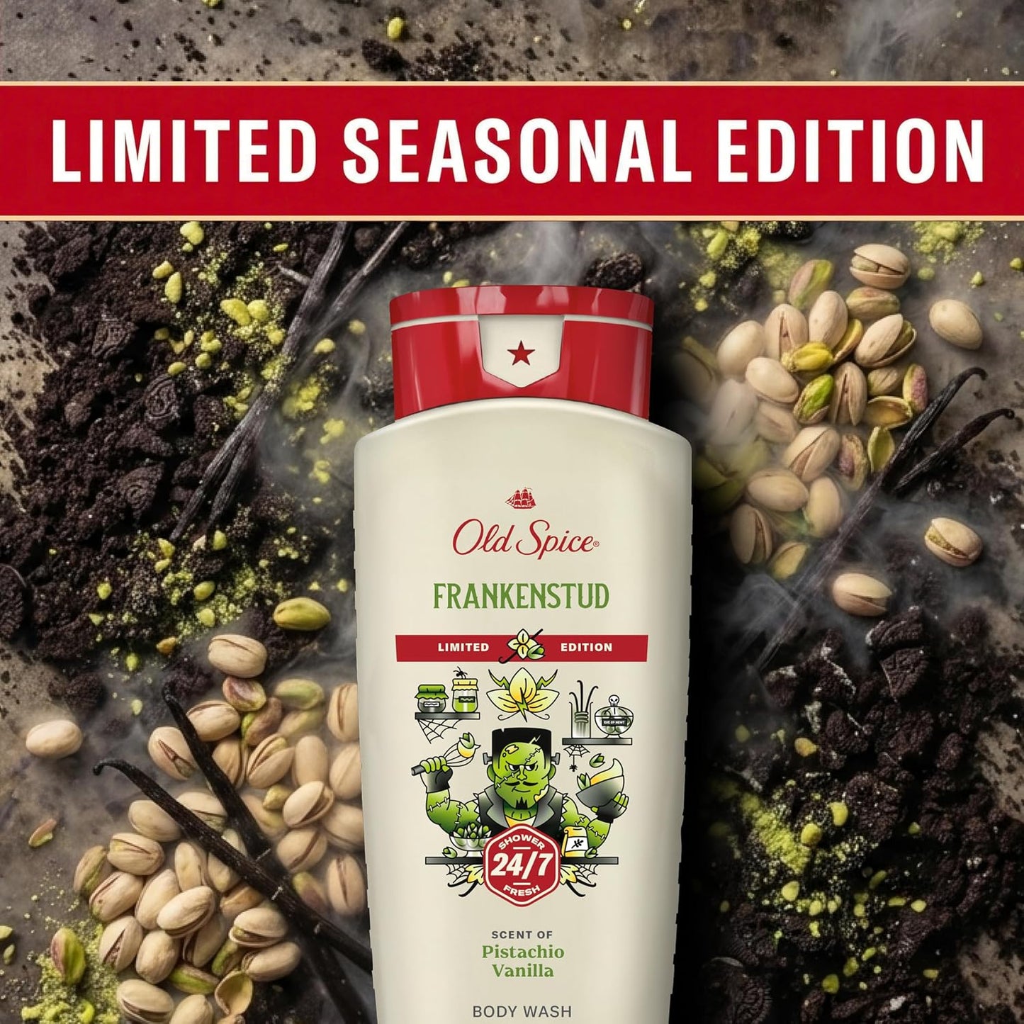 Old Spice Body Wash for Men, Fallidudes Edition, 24/7 Frightful Freshness, Long Lasting Cleanse & Refresh, Frankenstud with Vanilla Pistachio Scent, 16 oz