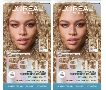L'Oreal Paris Feria Multi-Faceted Shimmering Permanent Hair Color, 100 Pure Diamond, Hair Dye Kit, Pack of 2