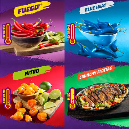 Takis 18 pc / 1 oz Variety Pack, Assorted Flavored Mixed Rolled Tortilla Chips – (5) Fuego, (5) Blue Heat, (4) Nitro, (4) Crunchy Fajitas (Pack of 2)